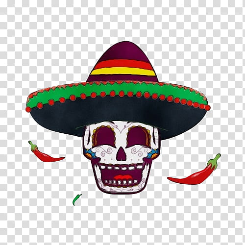 Taco, Watercolor, Paint, Wet Ink, Sombrero, Mexican Cuisine, Hat, Skull transparent background PNG clipart