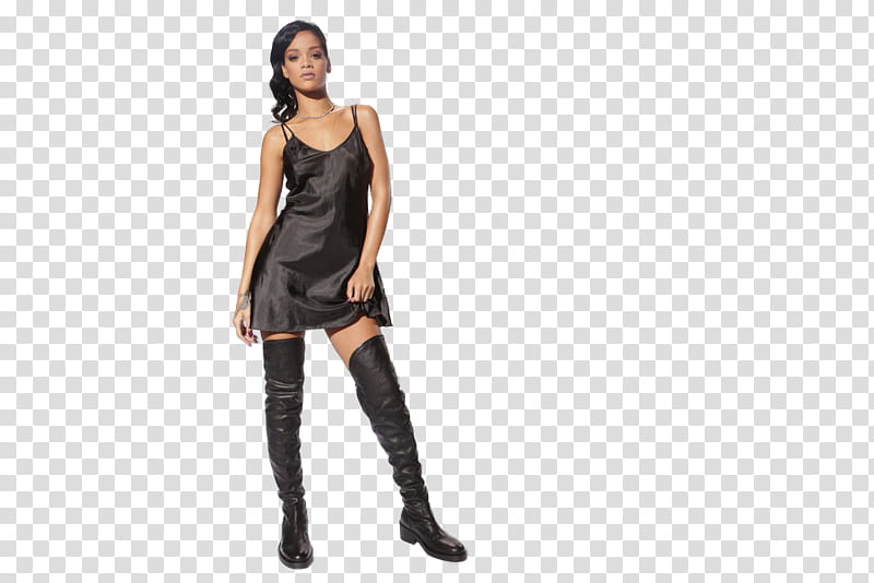 Rihanna wearing black spaghetti-strap mini dress and pair of leather boots transparent background PNG clipart