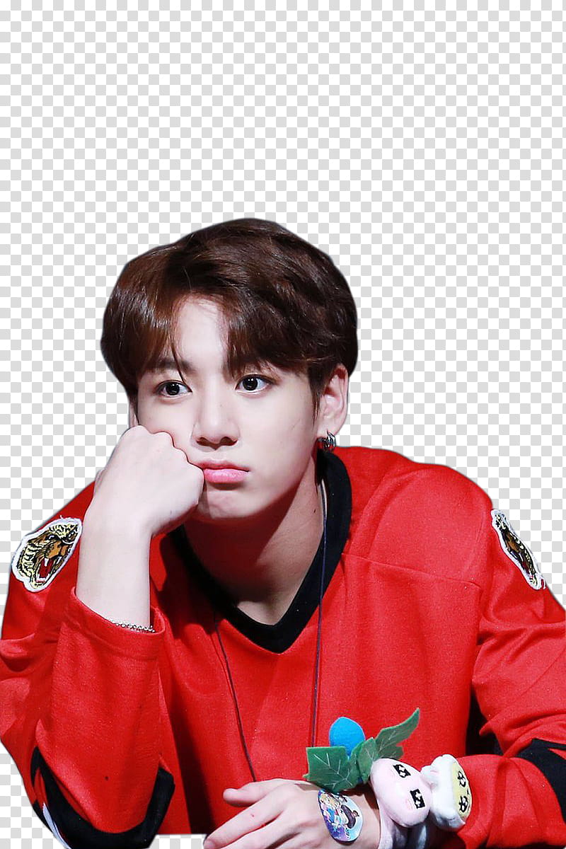 Jungkook BTS, man wearing red and black sweater transparent background PNG clipart