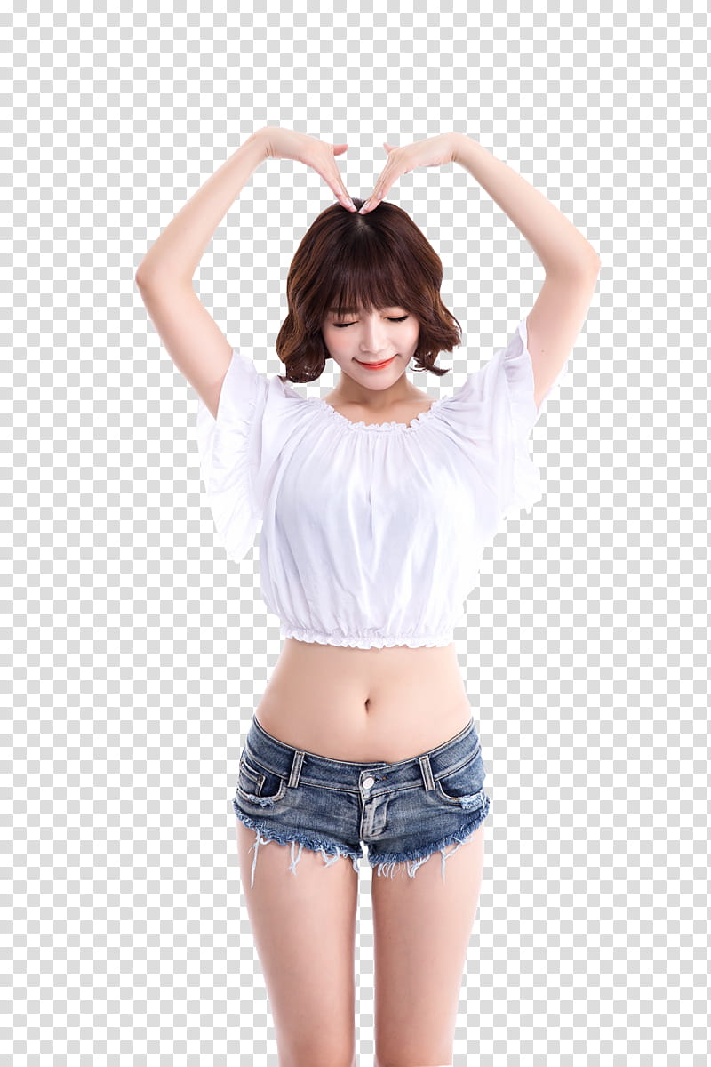 HAN JI YEON, woman wearing white crew-neck cropped top and blue denim jeans with both her hands over her head transparent background PNG clipart