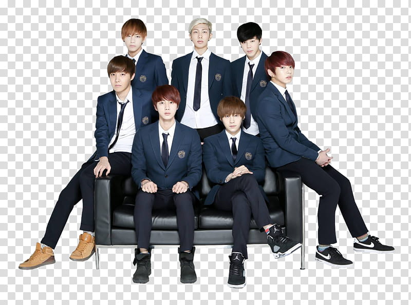 BTS s, group of men in black suit sitting on leather sofa transparent background PNG clipart