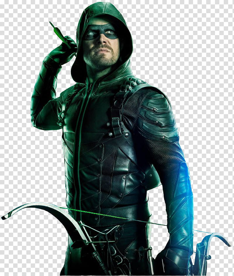 Green Arrow, man wears black leather zip-up jacket holding bow transparent background PNG clipart