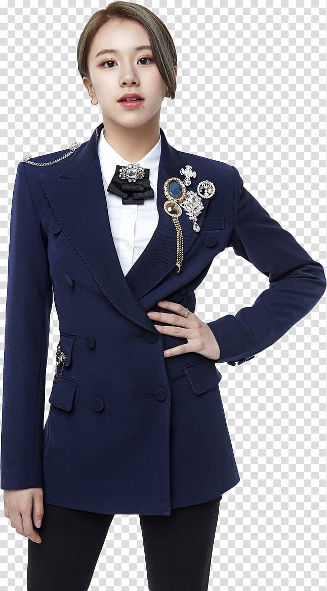TWICE ONCE nd TWICEZINE, woman in blue peacoat holding her waist transparent background PNG clipart