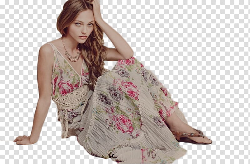 Sasha Pivovarova , woman in white and pink floral spaghetti strap long dress transparent background PNG clipart