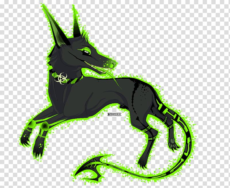 PUT YER SUNGLASSES oN, black and green dog with dragon tail character transparent background PNG clipart