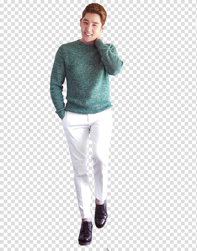 Super Junior Date with Magazine, man wearing gray sweater and white fitted pants transparent background PNG clipart