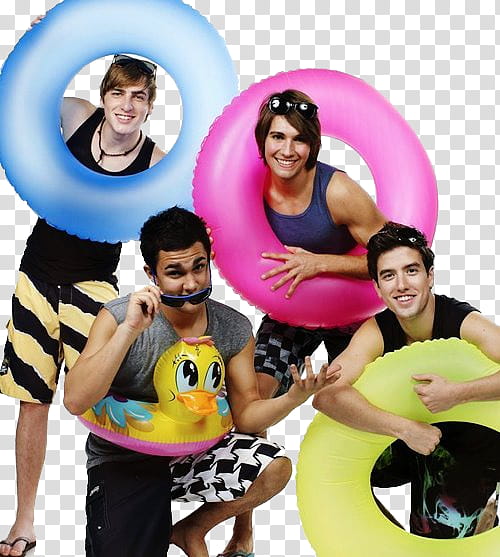Big Time Rush, four men holding inflatable floaters transparent background PNG clipart