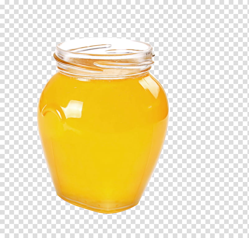 yellow honey mason jar juice drink, Kombucha, Ghee, Orange Soft Drink, Food, Syrup transparent background PNG clipart