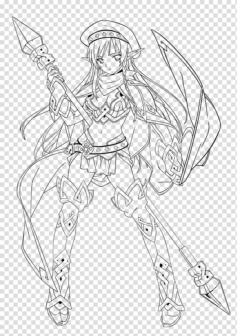 alleyne queens blade line art, woman holding spear drawing transparent background PNG clipart