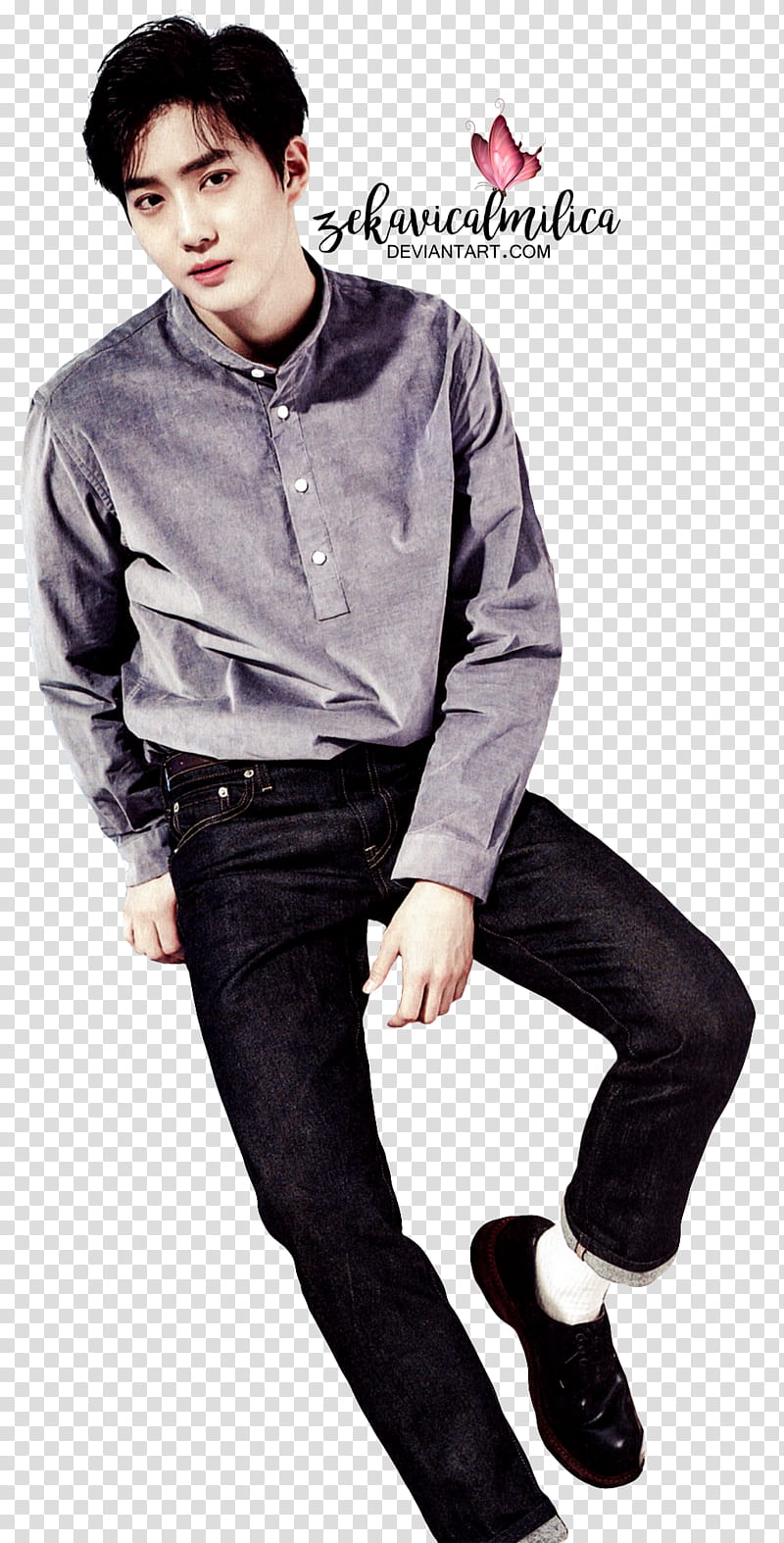 EXO Suho  Season Greetings, man in gray half-button dress shirt transparent background PNG clipart