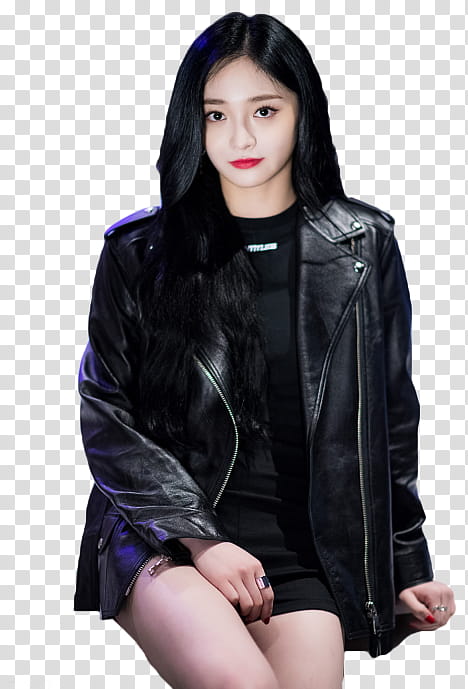 Kyulkyung Pristin Naver, sitting woman wearing black leather jacket transparent background PNG clipart