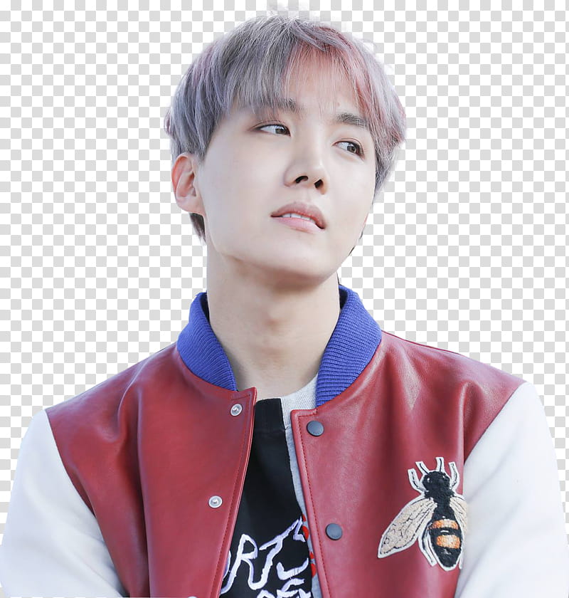 J Hope BTS, man wearing red and white leather snap bomber jacket transparent background PNG clipart