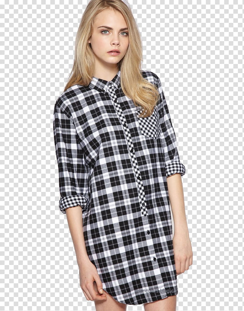 Cara Delevingne, women wearing black and white plaid dress shirt transparent background PNG clipart