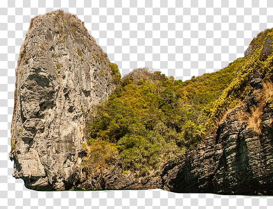 , gray rock formation covered with green grass under blue sky transparent background PNG clipart