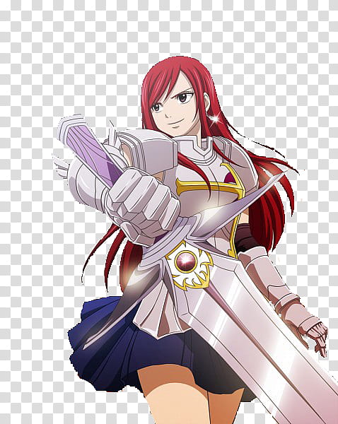 Long red haired female anime wearing armour and holding sword character ...