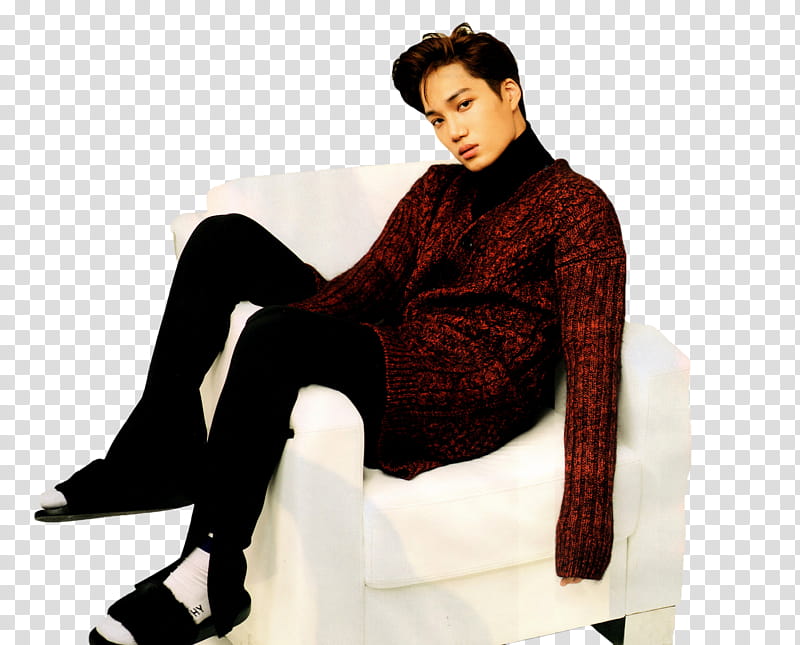 Kai EXO, man wearing red suit jacket sitting on white sofa chair transparent background PNG clipart