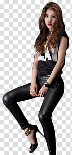 SUZY S, woman wearing black and white sleeveless shirt and black latex pants transparent background PNG clipart
