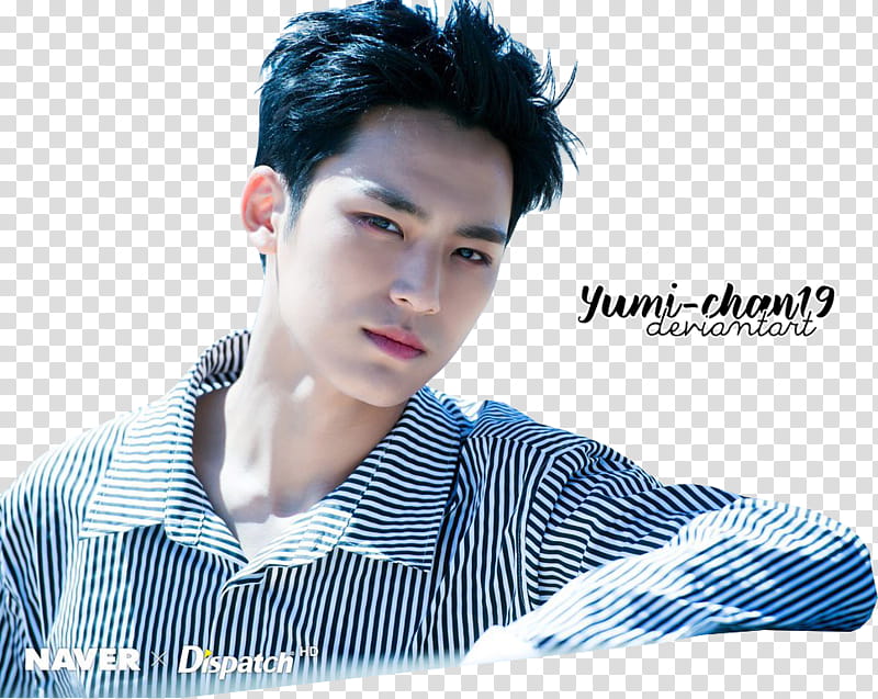 Mingyu SEVENTEEN, men's white and black stripe dress shirt transparent background PNG clipart