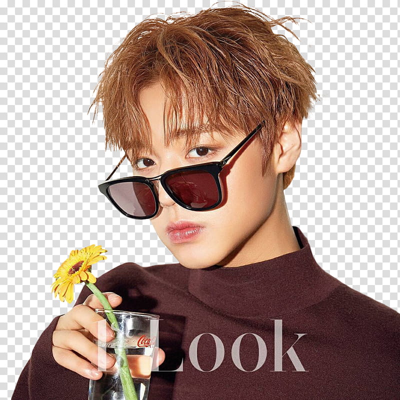 Jihoon and Woojin Wanna One, man wearing sunglasses holding glass cup with flower transparent background PNG clipart