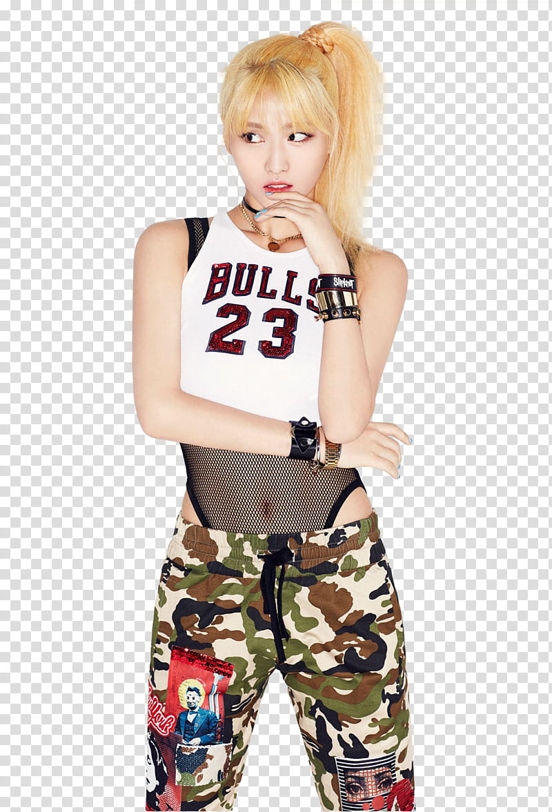 Twice OOH AHH teaser , woman wearing white and black Chicago Bulls  crop top transparent background PNG clipart