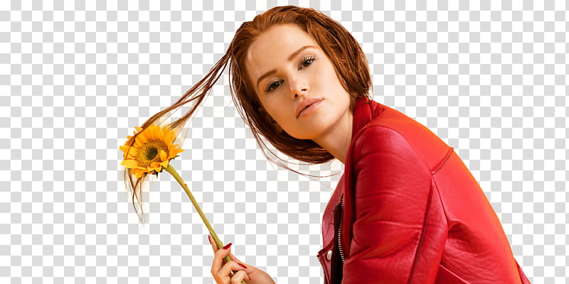 woman wearing red leather jacket holding yellow sunflower transparent background PNG clipart