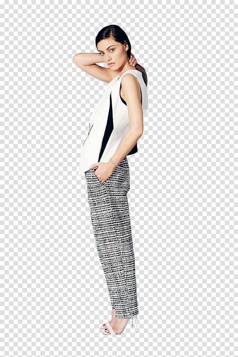 PHOEBE TONKIN  S, standing woman in white tank top and gray pants with left hand on neck transparent background PNG clipart