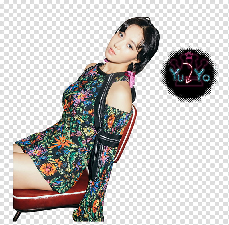 SNSD HOLIDAY, woman in floral mini dress sitting on leather chair transparent background PNG clipart