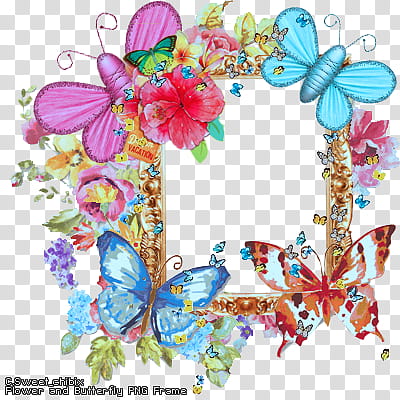 Flower and Butterfly Frame, blue, pink, and brown butterflies painting transparent background PNG clipart