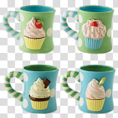 Cupcake Set , four green and blue ceramic mugs transparent background PNG clipart