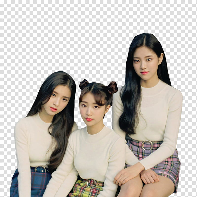 LOONA, three women sitting wearing matching white crew-neck long-sleeved tops transparent background PNG clipart