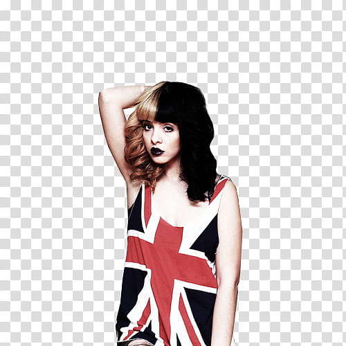 Melanie Martinez   , woman standing wearing UK flag graphic tank top with hand on back of head transparent background PNG clipart