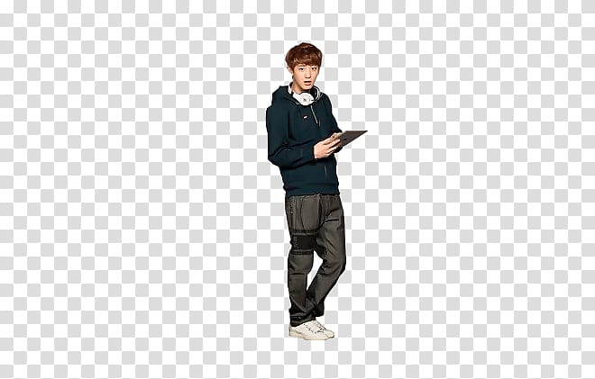 BaekYeol, man in green hoodie holding tablet computer transparent background PNG clipart