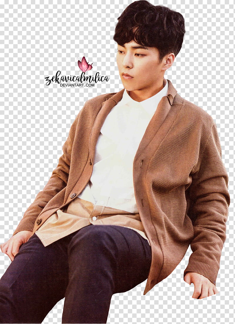 EXO Nature Republic, sitting man wearing white shirt and brown coat transparent background PNG clipart