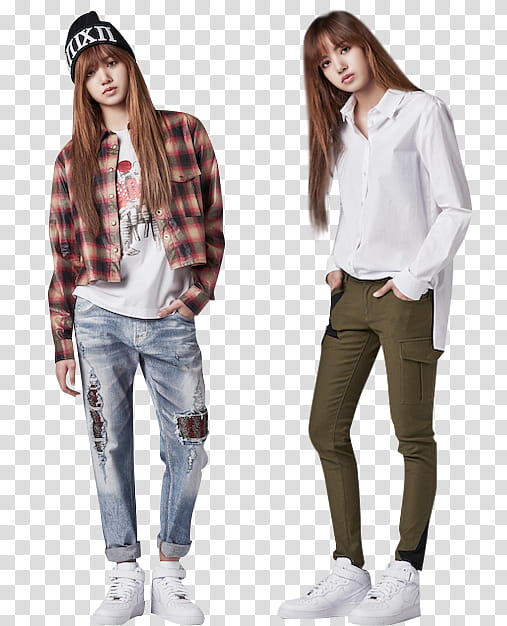 BLACKPINK PRE DEBUT, woman wearing white dress shirt and green pants transparent background PNG clipart