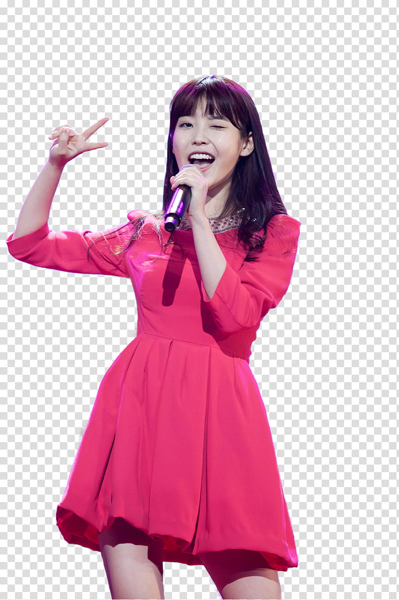 IU, woman wearing pink long-sleeved pleated mini dress holding dynamic microphone transparent background PNG clipart