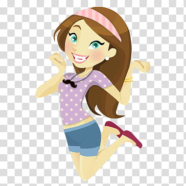 GirlMoustache PSD, smiling female cartoon character jumping transparent background PNG clipart