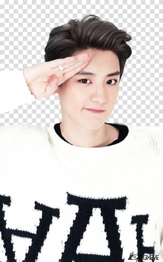 Chanyeol EXO S, man in white and black sweater doing salute transparent background PNG clipart