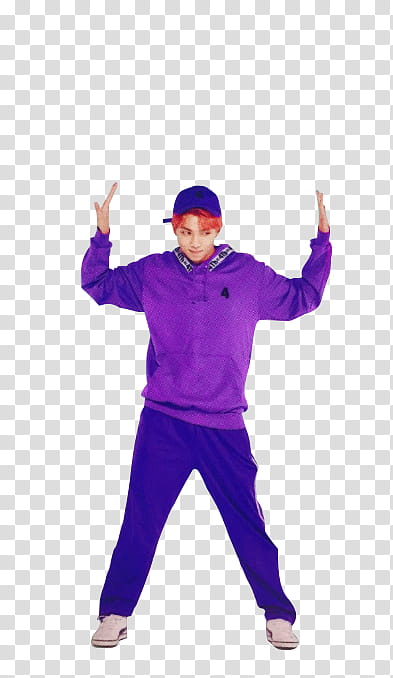 RM , man wearing purple pullover hoodie while raising his hand transparent background PNG clipart