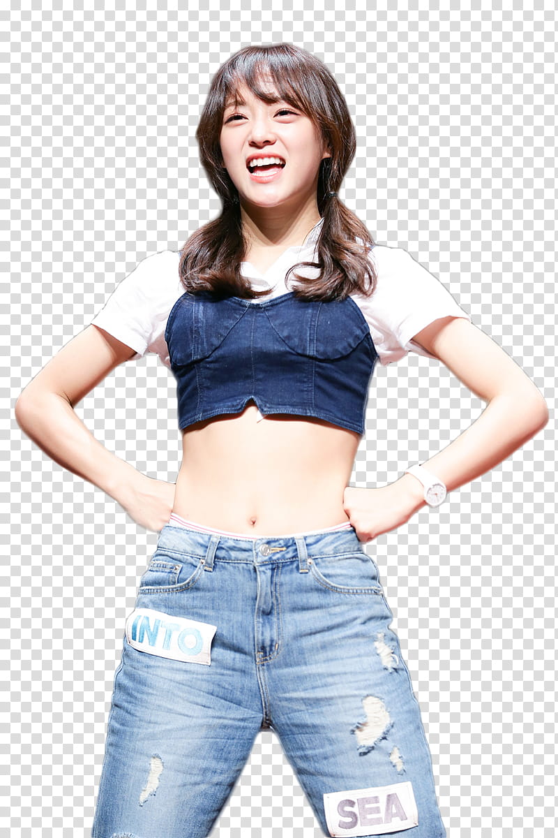woman wearing blue and white crop top shirt and distressed blue denim jeans transparent background PNG clipart