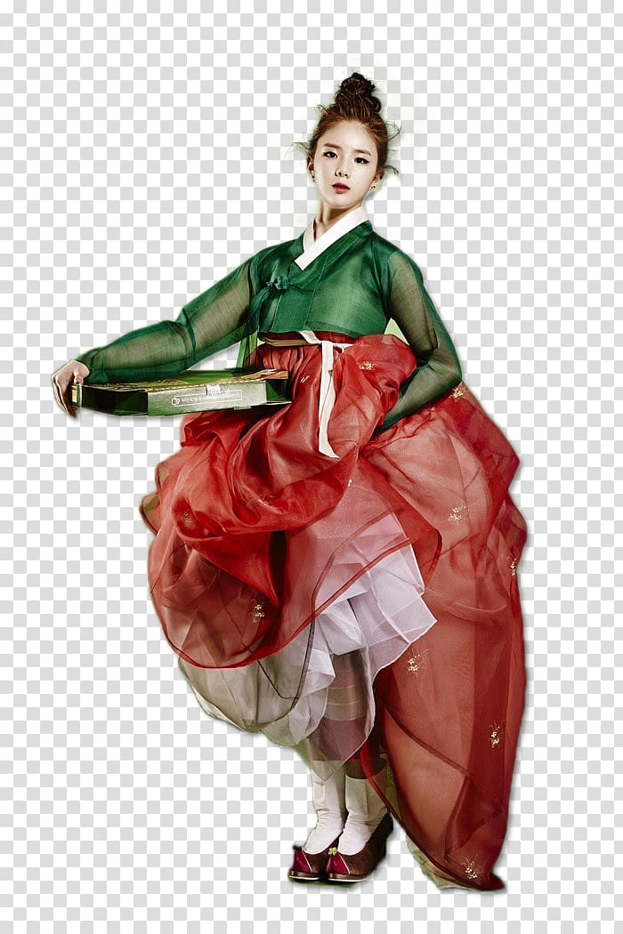 SIXTEEN TWICE p, woman wearing green and red hanbok outfit standing while holding black and gray tray transparent background PNG clipart