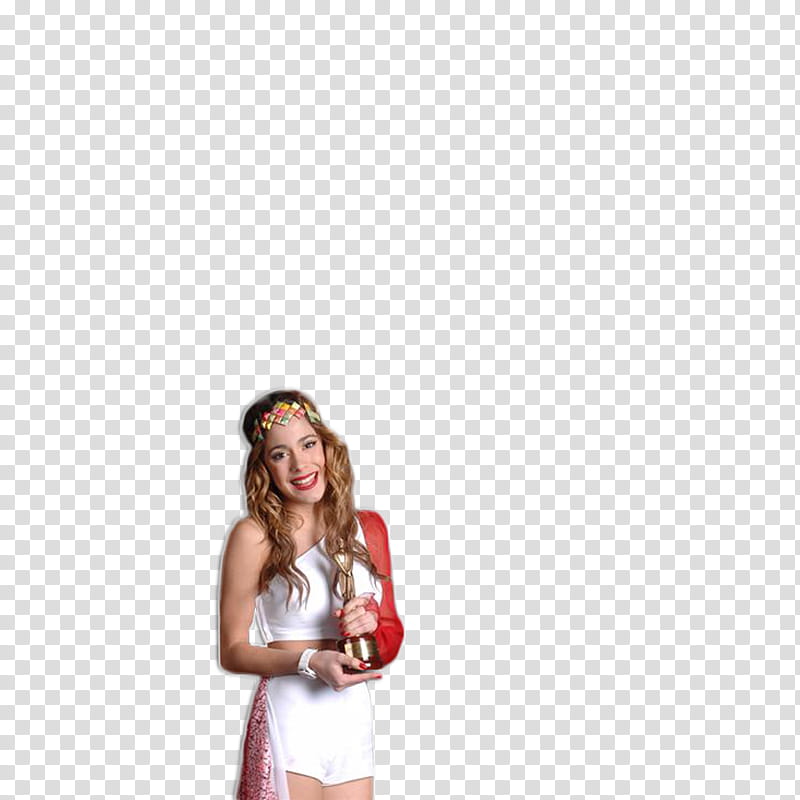 Martina Stoessel, smiling woman wearing white and red one-shoulder crop top holding trophy transparent background PNG clipart