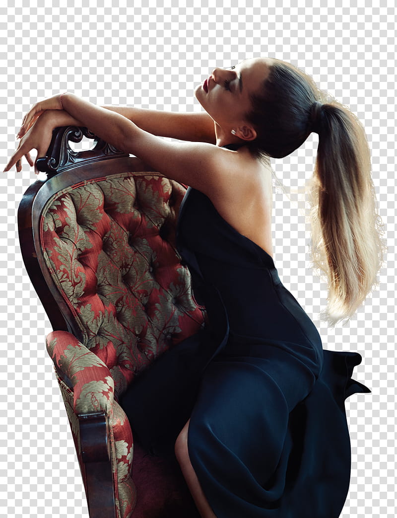 Ariana Grande, woman on chair putting hands back rest transparent background PNG clipart