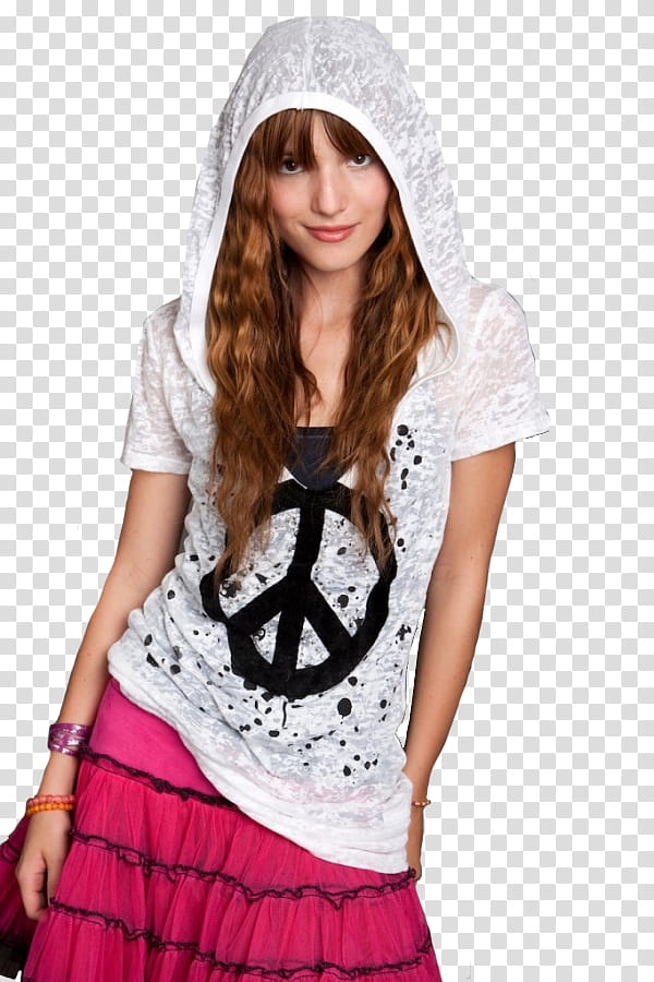 Bella Thorne  s, woman wearing white peace print pullover hoodie transparent background PNG clipart