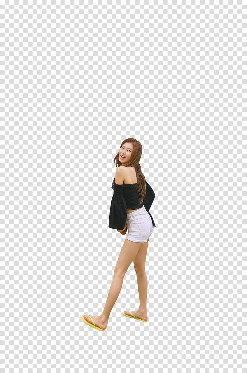 TWICE DANCE THE NIGHT AWAY , woman wearing black off-shoulder top and white shorts standing transparent background PNG clipart