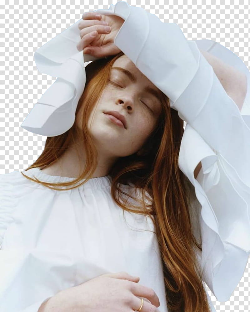 Sadie Sink, woman in white long-sleeved shirt transparent background PNG clipart