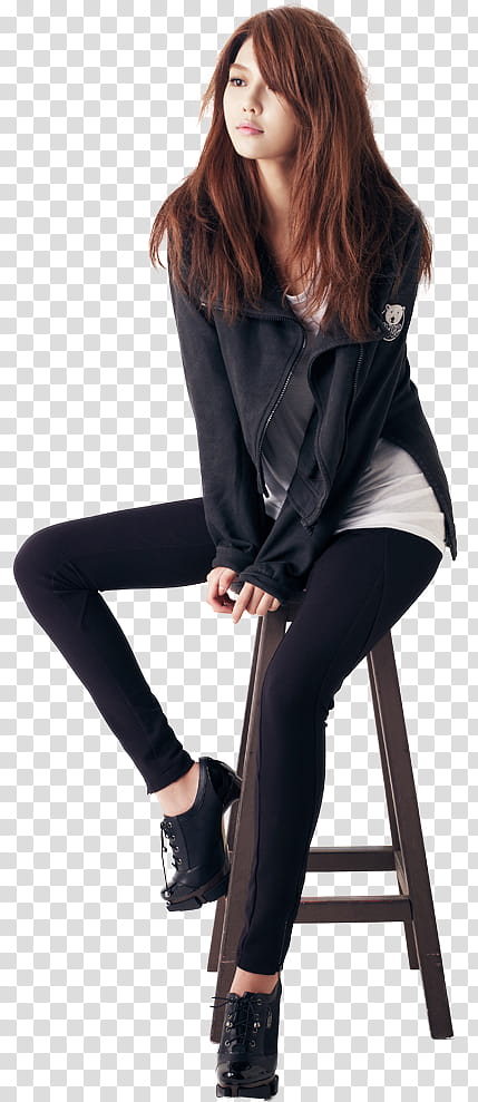 Sooyoung SNSD, woman wearing black leather jacket posing and sitting on brown stool transparent background PNG clipart