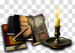 Steampunk Icon Set in format, thumbwin, gray candle holder and books transparent background PNG clipart