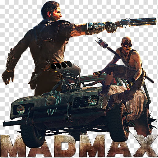 Mad Max Game Icon, Mad Max Icon, Mad Max man pointing gun above vehicle transparent background PNG clipart