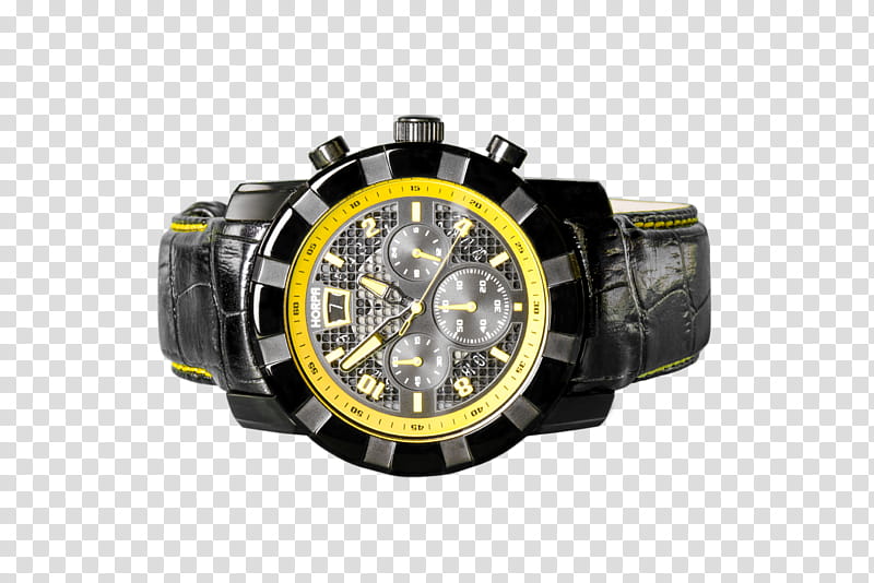 Black yellow watch , round black and yellow chronograph watch with black leather strap transparent background PNG clipart