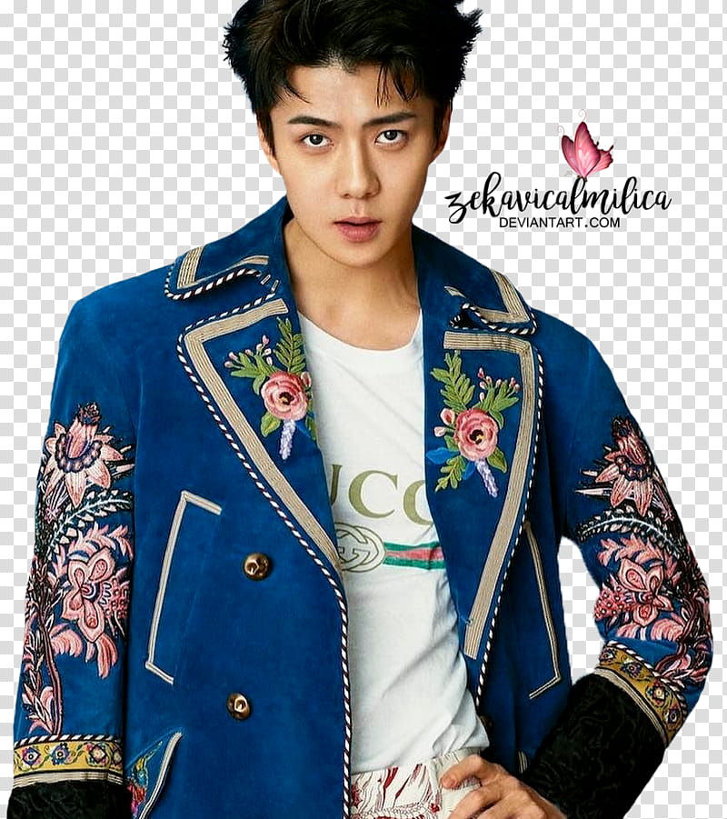 EXO Sehun l Optimum Thailand, male artist wearing blue and pink floral blazer transparent background PNG clipart